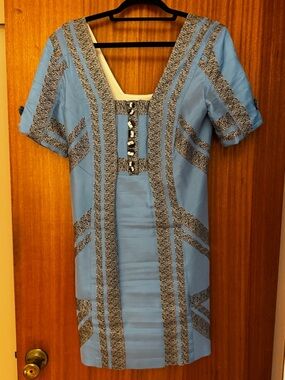 Mayle Light Blue Shift Dress with Black-Gray Trim